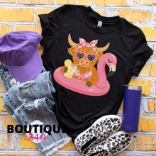 Load image into Gallery viewer, Summer Highland Cow Floatie Tee 🐮☀️🦩